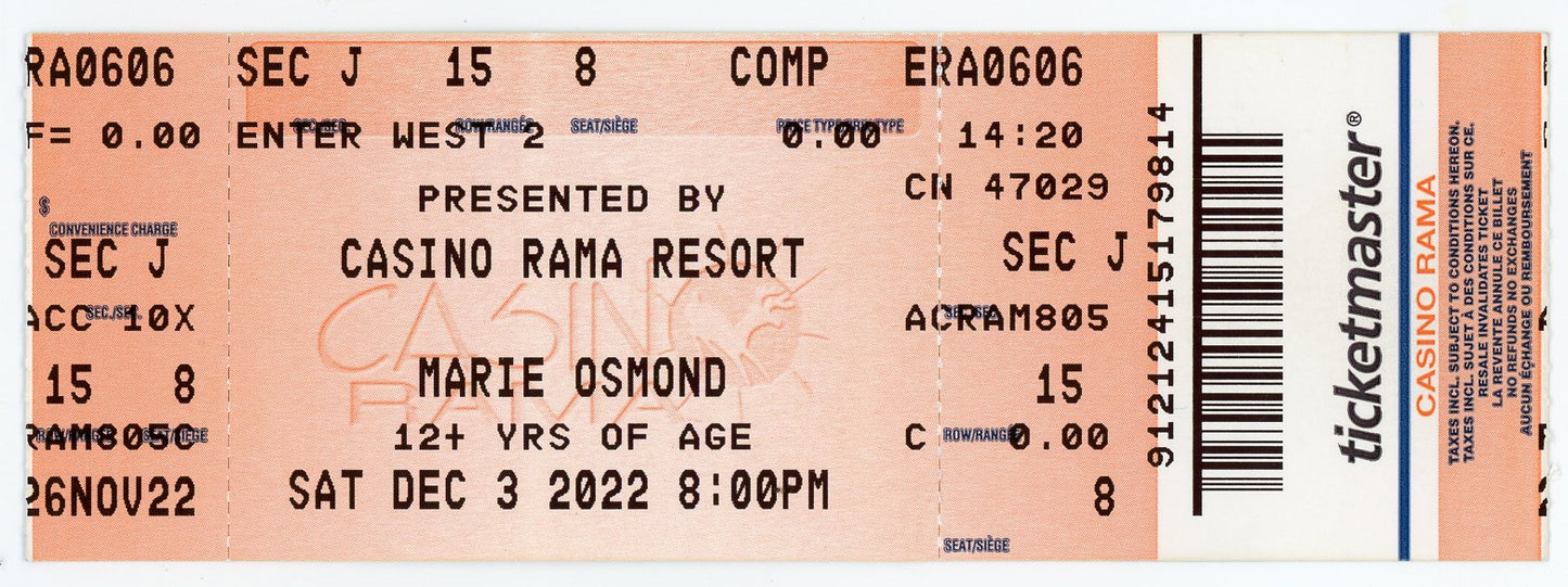 Marie Osmond Concert Ticket Stub Casino Rama (Orillia, 2022)
