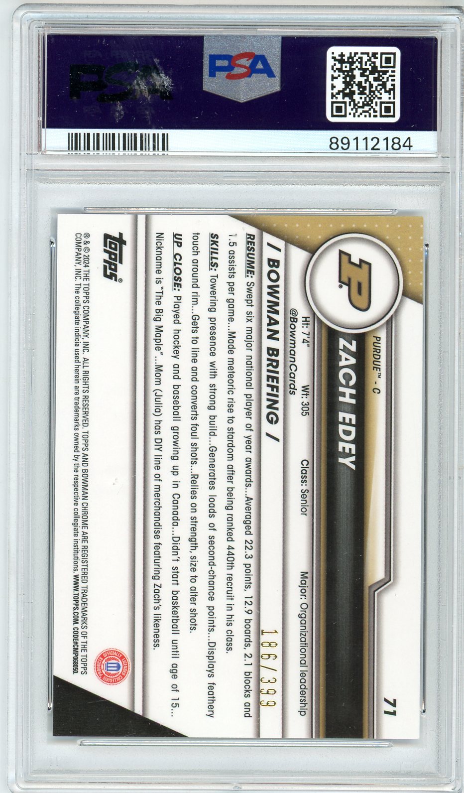 2023 Bowman U Chrome Zach Edey Graded Rookie Card #71 Purple /399 PSA 9