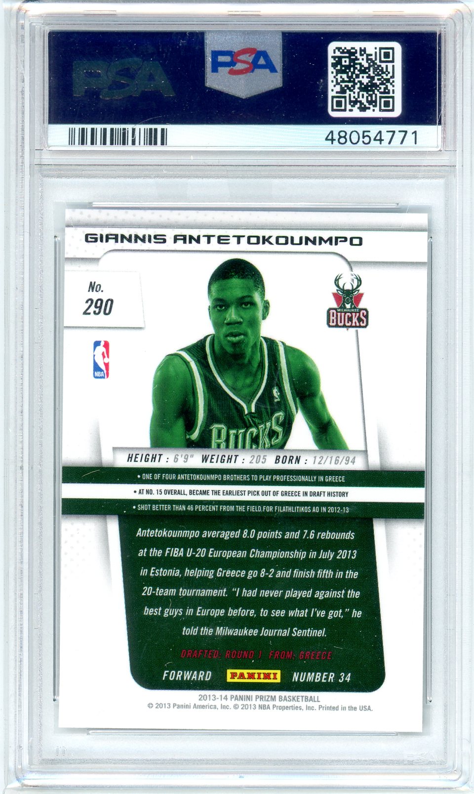 2013 Panini Prizm Giannis Antetokounmpo Graded Rookie Card #290 PSA 10