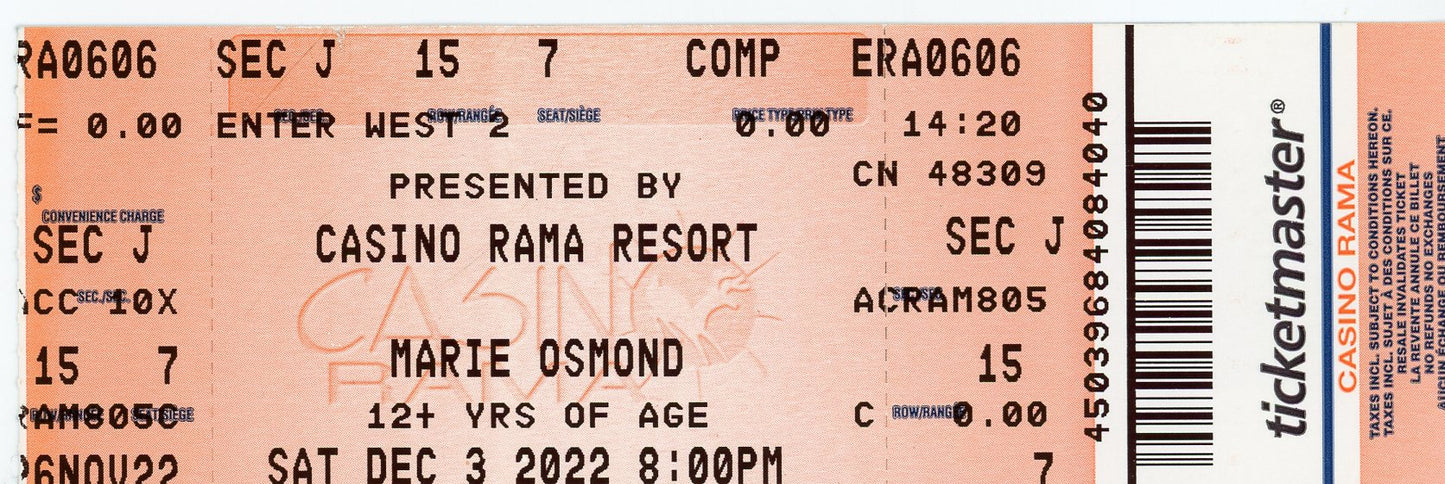 Marie Osmond Concert Ticket Casino Rama (Orillia, 2022)