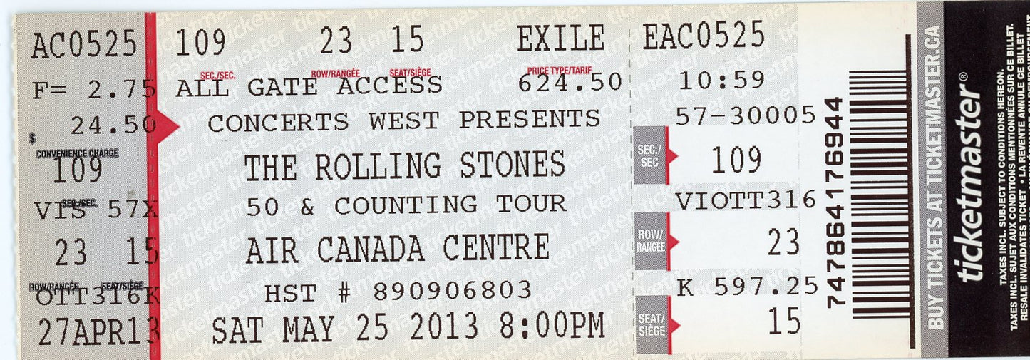 Rolling Stones Vintage Concert Ticket Air Canada Centre (Toronto, 2013)