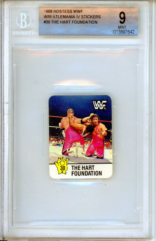 1988 Hostess WWF Wrestlemania IV Stickers The Hart Foundation #30 Graded Wrestling Card BGS 9