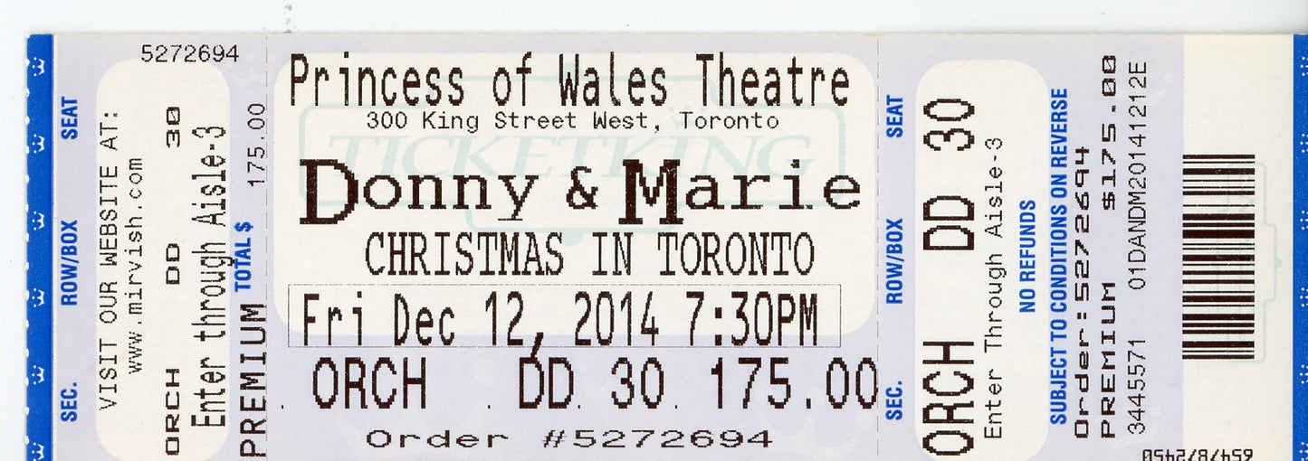 Donny & Marie Vintage Ticket Stub Princess of Wales Theatre (Toronto, 2014)