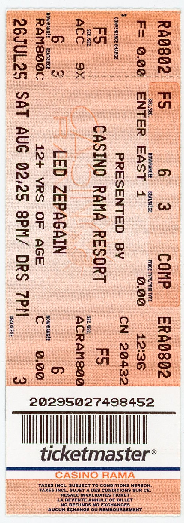 Led Zepagain (Led Zeppelin Tribute) Concert Ticket Stub Casino Rama Resort (Orillia, 2025)