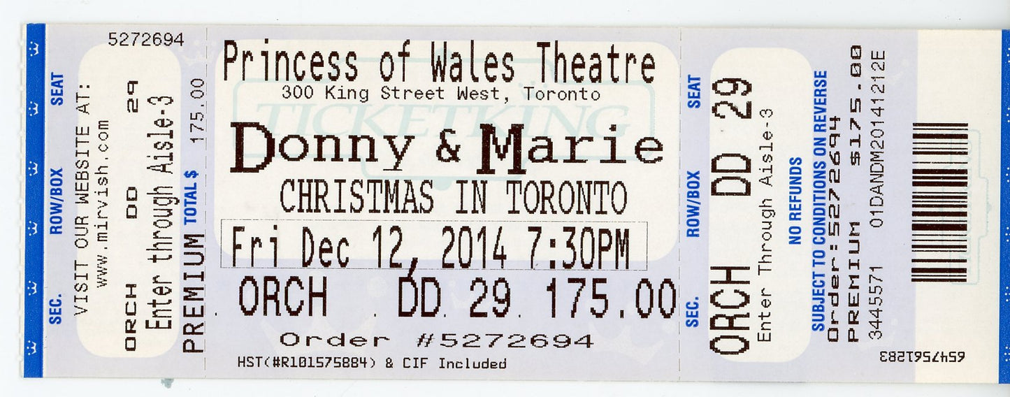 Donny & Marie Vintage Ticket Stub Princess of Wales Theatre (Toronto, 2014)