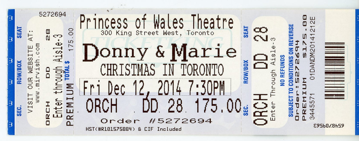 Donny & Marie Theatre Ticket Stub Princess of Wales Theatre (Toronto, 2014)