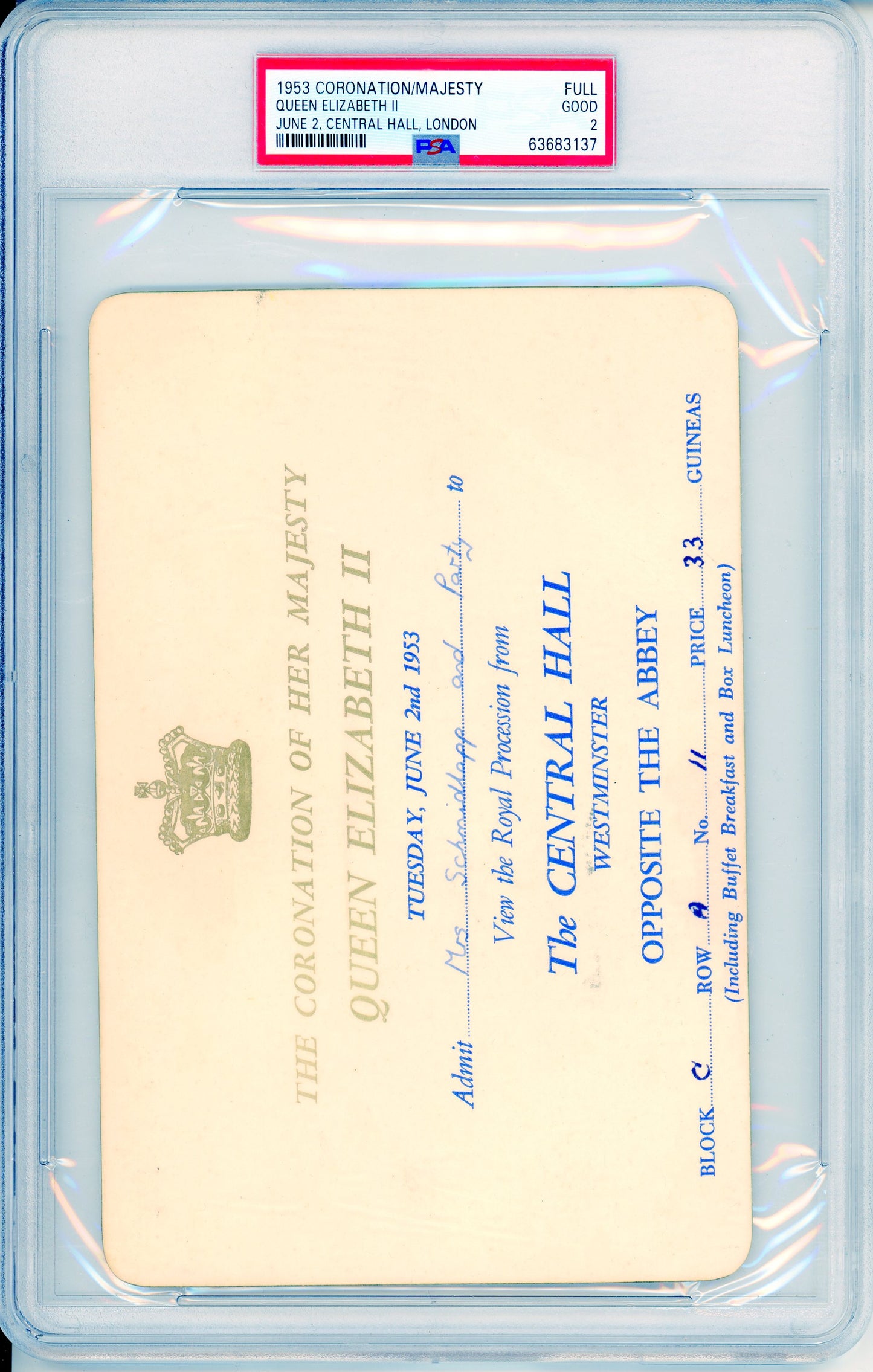 1953 Coronation Invitation Queen Elizabeth II Graded PSA 2