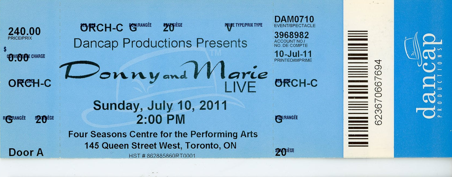 Donny & Marie Theatre Ticket Four Seasons Centre for the Performing Arts (Toronto, 2011)
