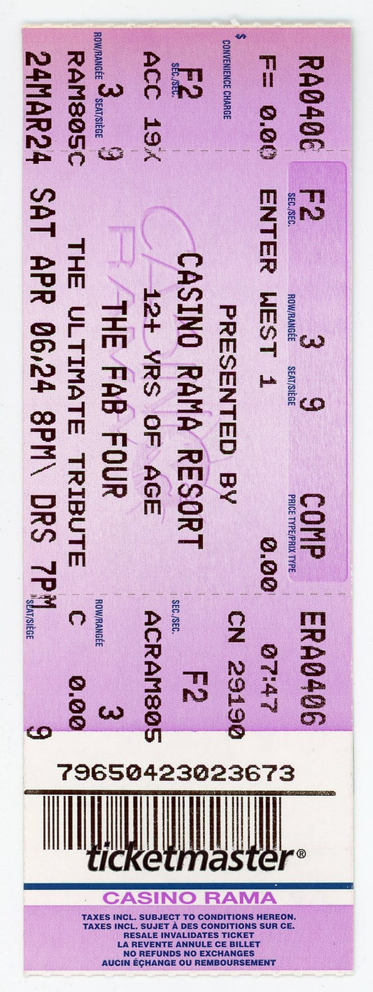 The Fab Four Ultimate Tribute Concert Ticket Casino Rama Resort (Orillia, 2024)