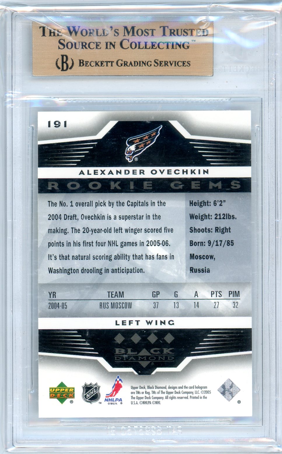 2005/06 Black Diamond Alexander Ovechkin Graded Rookie Card #191 BGS 9.5