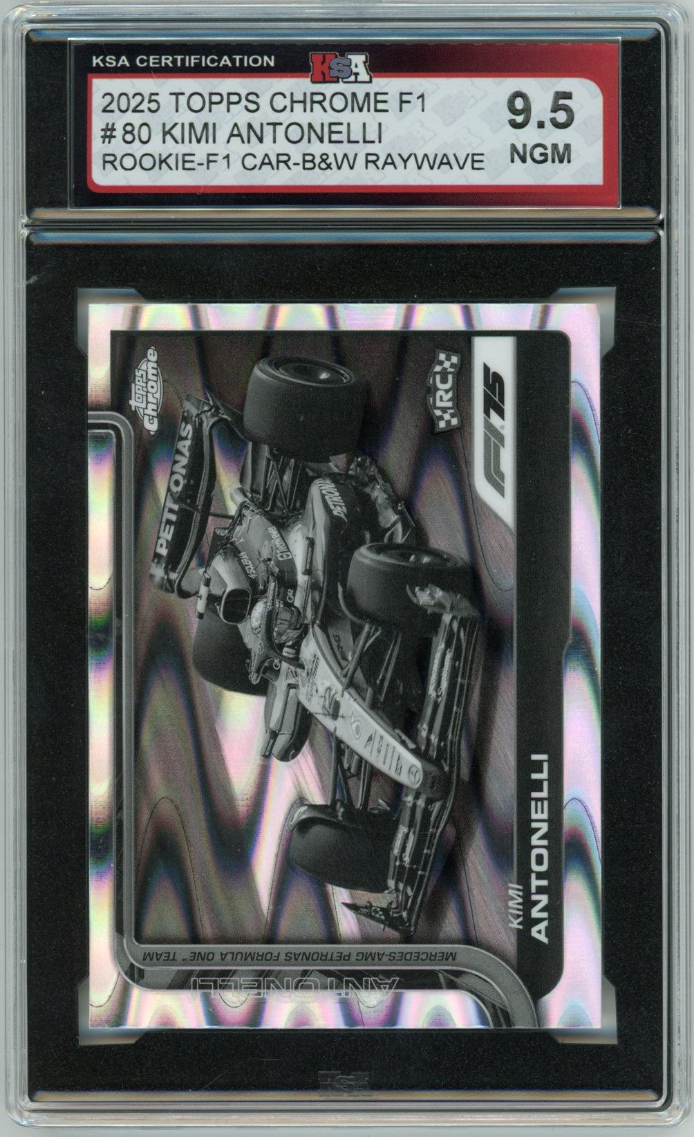 2025 Topps Chrome Formula 1 Kimi Antonelli F1 Car B&W Raywave Graded Rookie Card KSA 9.5