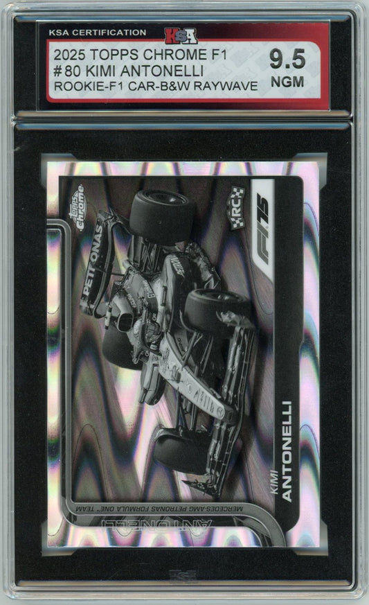 2025 Topps Chrome Formula 1 Kimi Antonelli F1 Car B&W Raywave Graded Rookie Card KSA 9.5