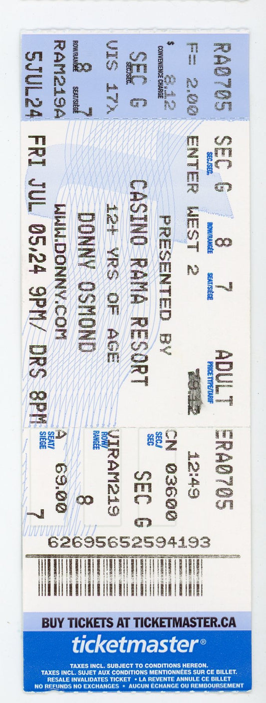 Donny Osmond Concert Ticket Casino Rama Resort (Orillia, 2024)