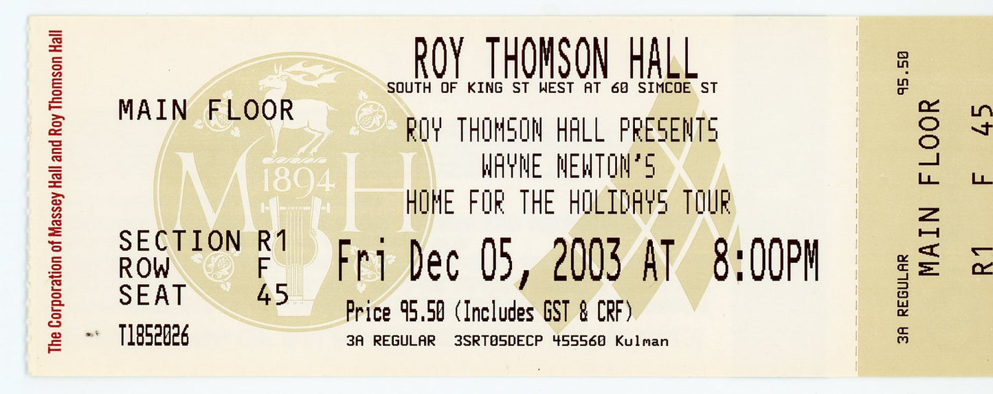 Wayne Newton Vintage Concert Ticket Stub Roy Thomson Hall (Toronto, 2003)