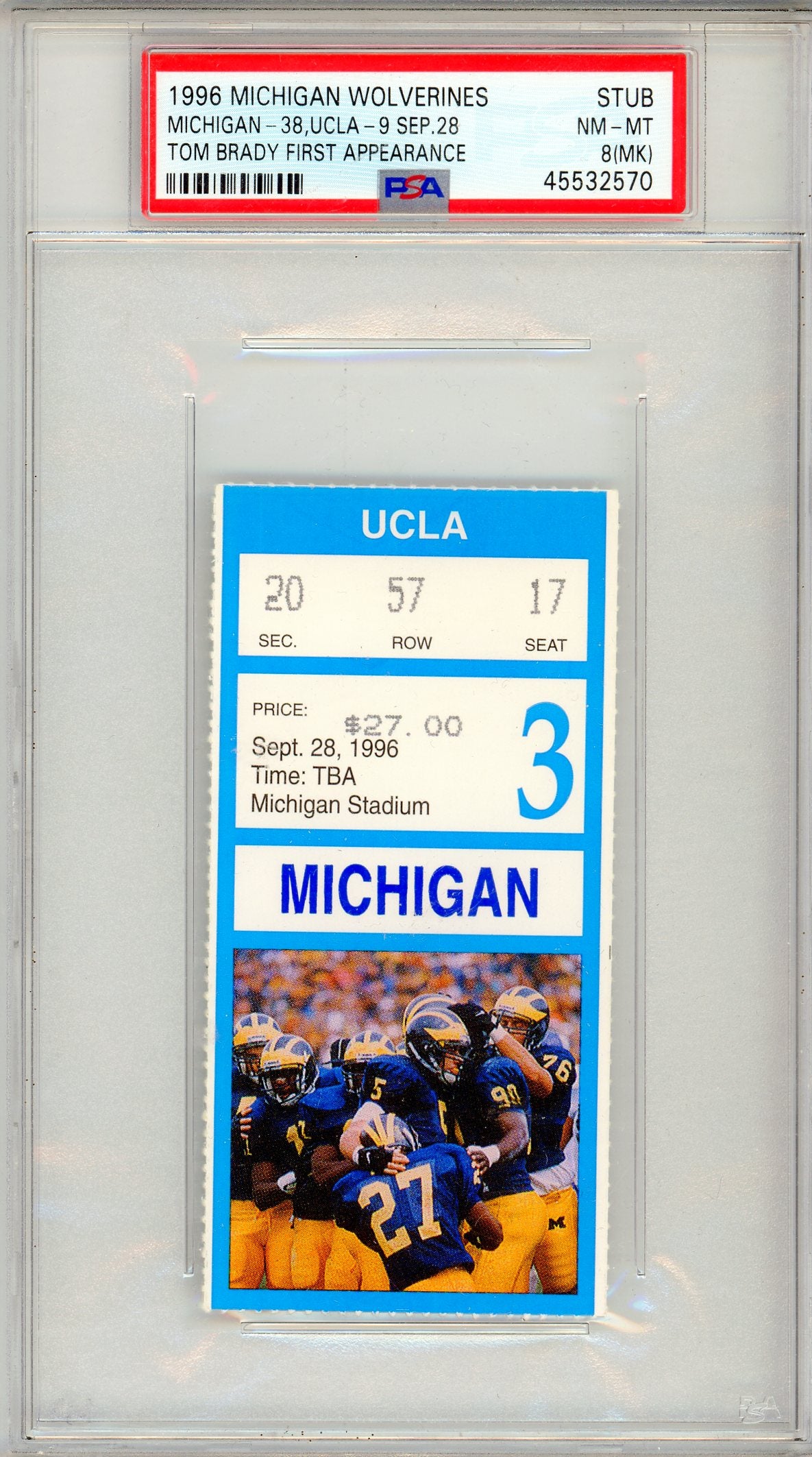 1996 Michigan Wolverines vs. UCLA Graded Football Ticket PSA 8 Tom Brady First Appearance