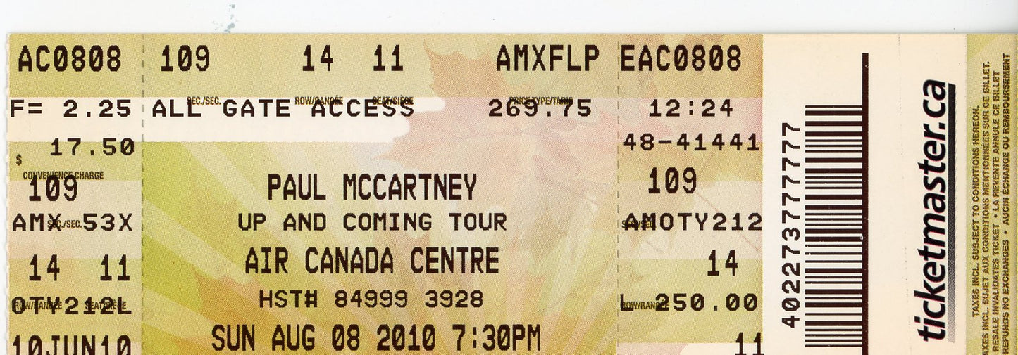 Paul McCartney Vintage Concert Ticket Stub Air Canada Centre (Toronto, 2010)