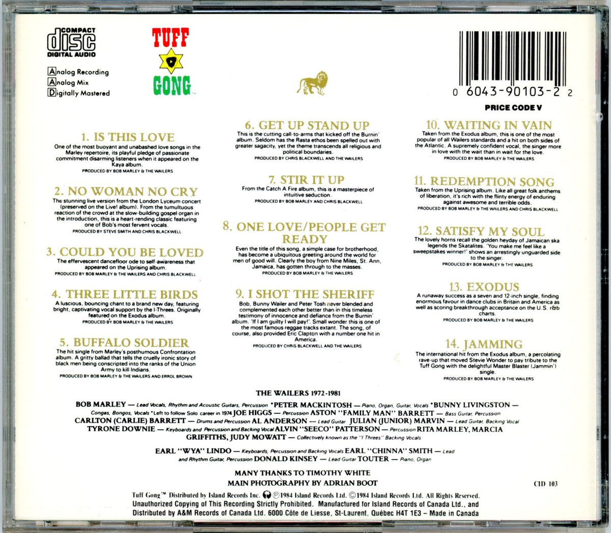 1990 Legend - The Best of Bob Marley and The Wailers (1984) Vintage Remastered Compilation CD