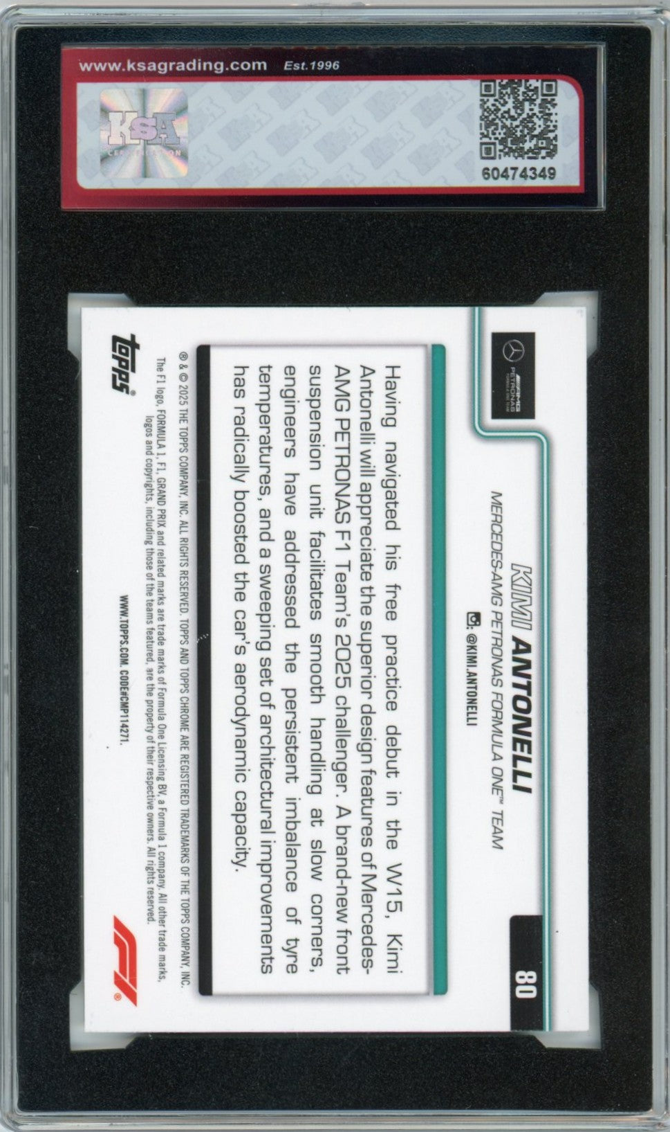 2025 Topps Chrome Formula 1 #80 Kimi Antonelli F1 Car Graded Rookie Card KSA 9.5