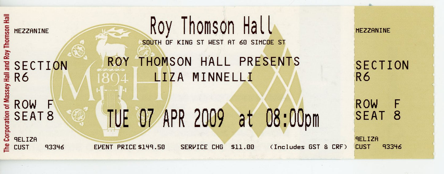 Liza Minelli Vintage Concert Ticket Roy Thomson Hall (Toronto, 2009)