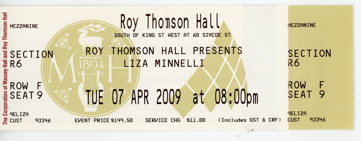 Liza Minelli Vintage Concert Ticket Stub Roy Thomson Hall (Toronto, 2009)