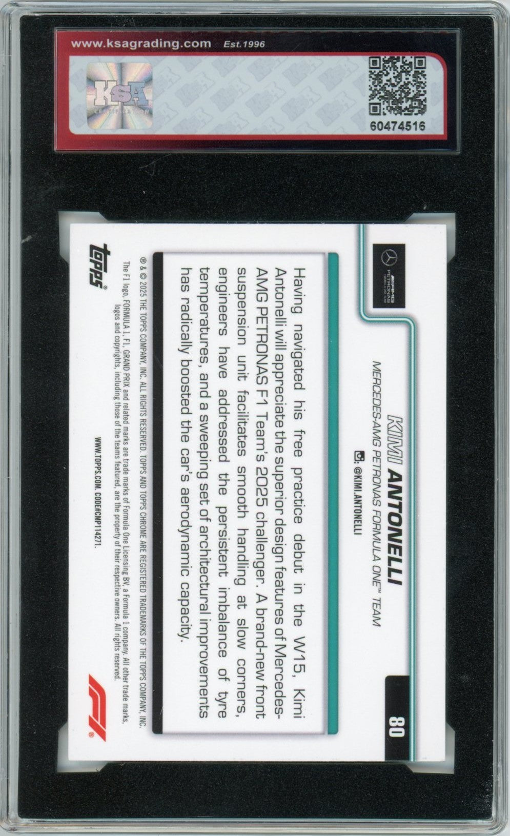 2025 Topps Chrome Formula 1 Kimi Antonelli F1 Car B&W Raywave Graded Rookie Card KSA 9.5