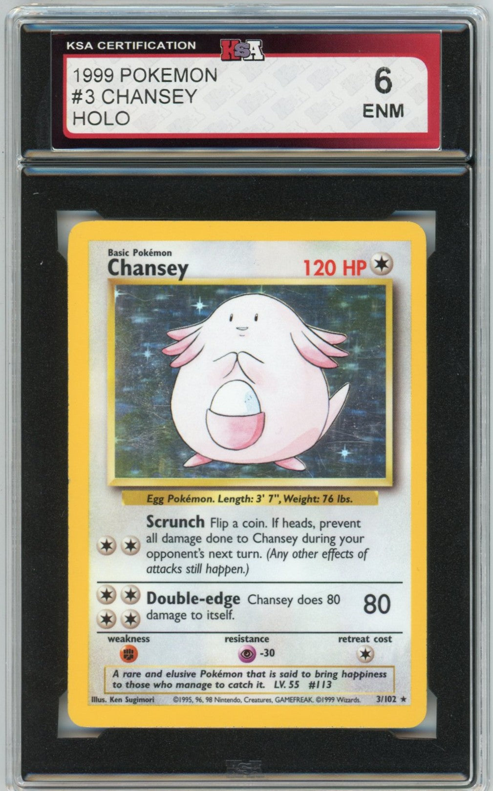 1999 Pokemon Chansey Holographic #3 Graded Card KSA 6