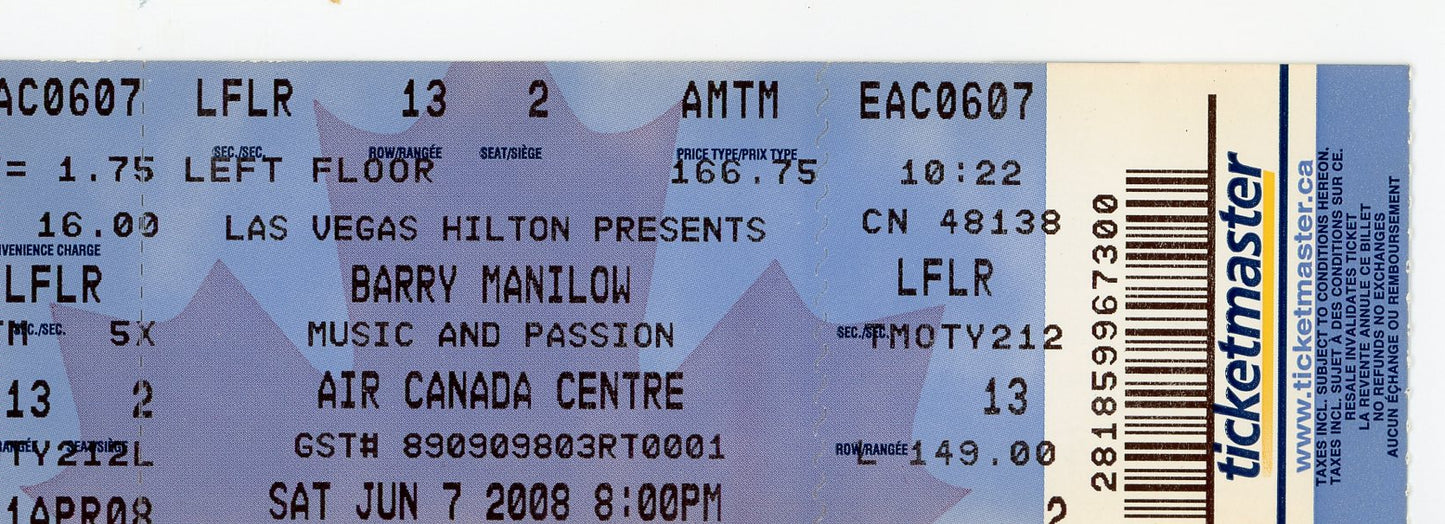 Barry Manilow Vintage Concert Ticket Stub Air Canada Centre (Toronto, 2008)
