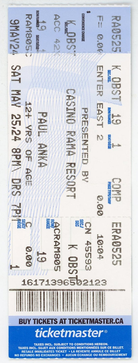 Paul Anka Concert Ticket Casino Rama Resort (Orillia, 2024)