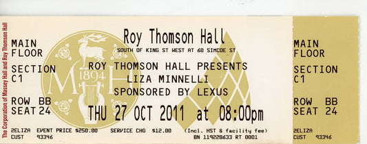 Liza Minelli Vintage Concert Ticket Stub Roy Thomson Hall (Toronto, 2009)