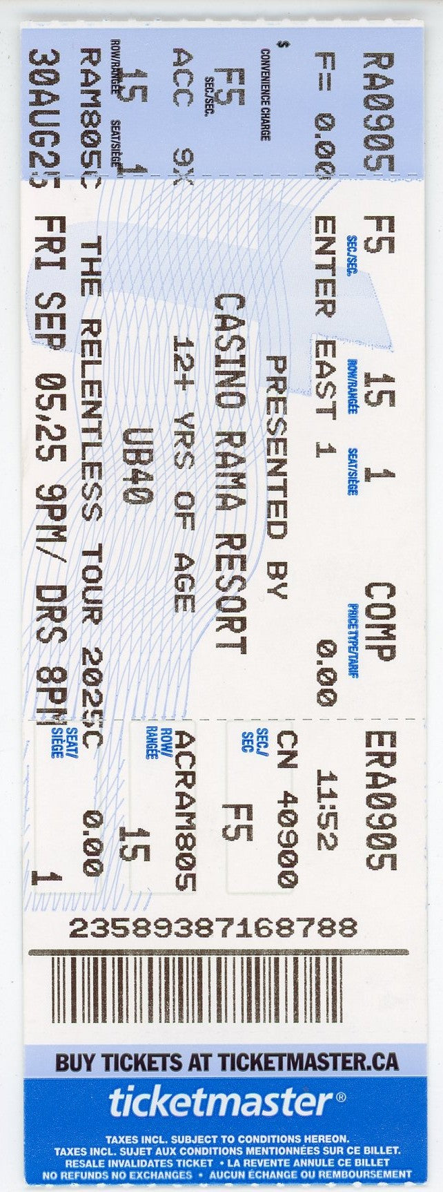 UB40 The Relentless Tour Concert Ticket Casino Rama Resort (Orillia, 2025)