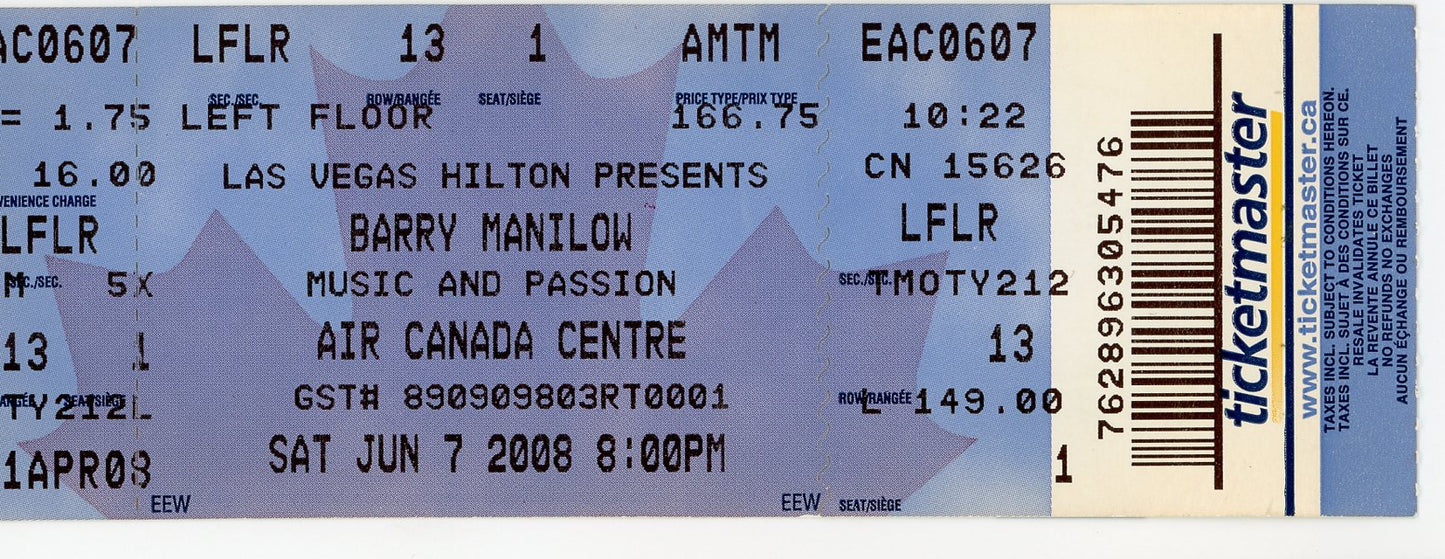 Barry Manilow Vintage Concert Ticket Air Canada Centre (Toronto, 2008)
