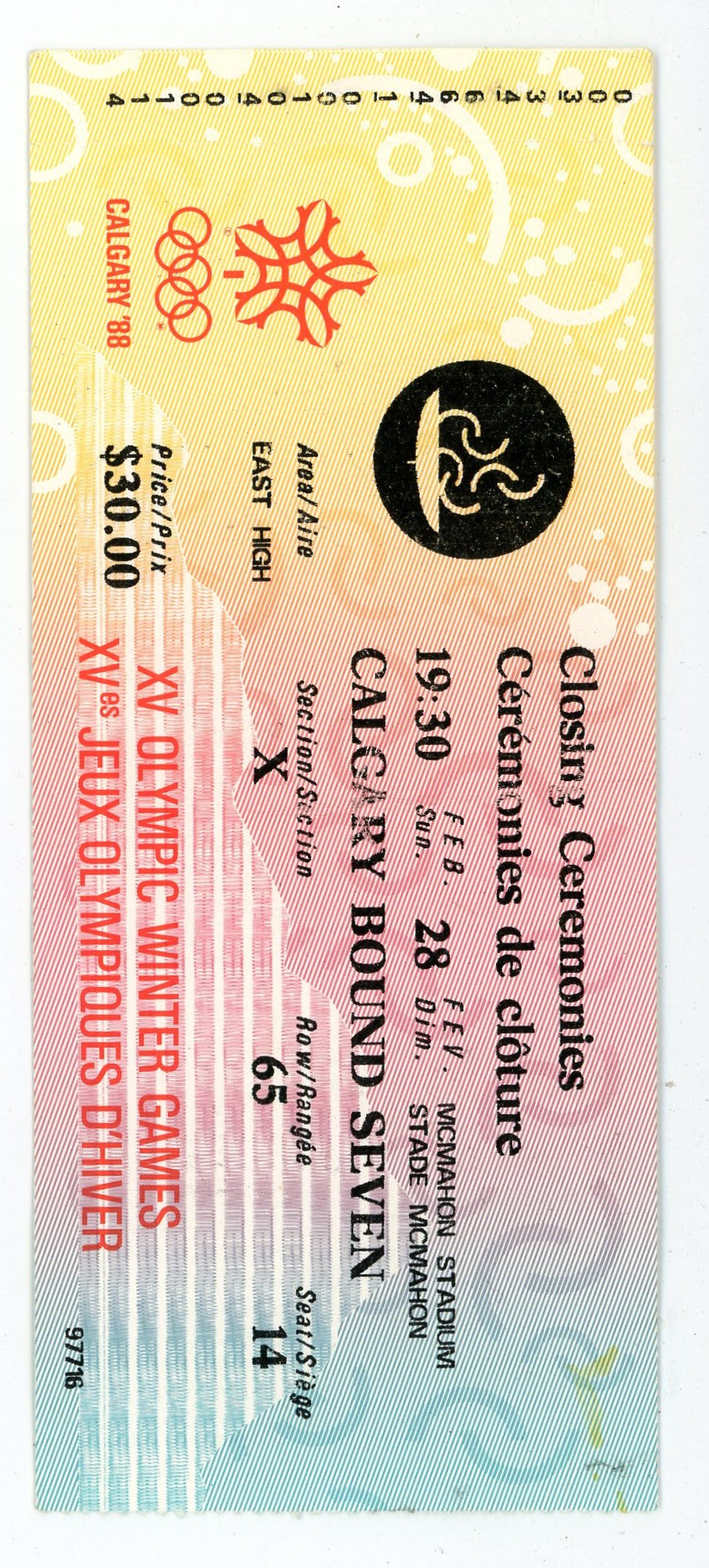 XV Olympic Winter Game Closing Ceremonies Vintage Ticket McMahon Stadium (Calgary, 1988)