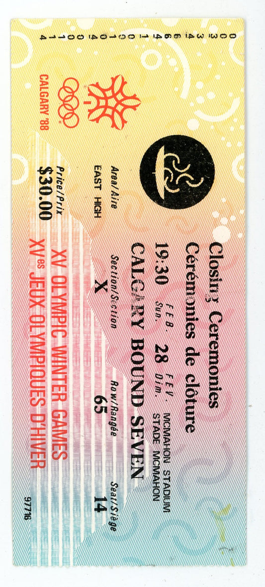 XV Olympic Winter Game Closing Ceremonies Vintage Ticket McMahon Stadium (Calgary, 1988)