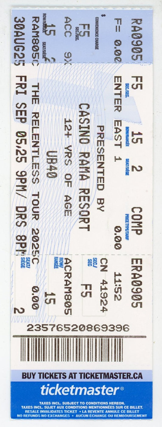 UB40 The Relentless Tour Concert Ticket Stub Casino Rama Resort (Orillia, 2025)
