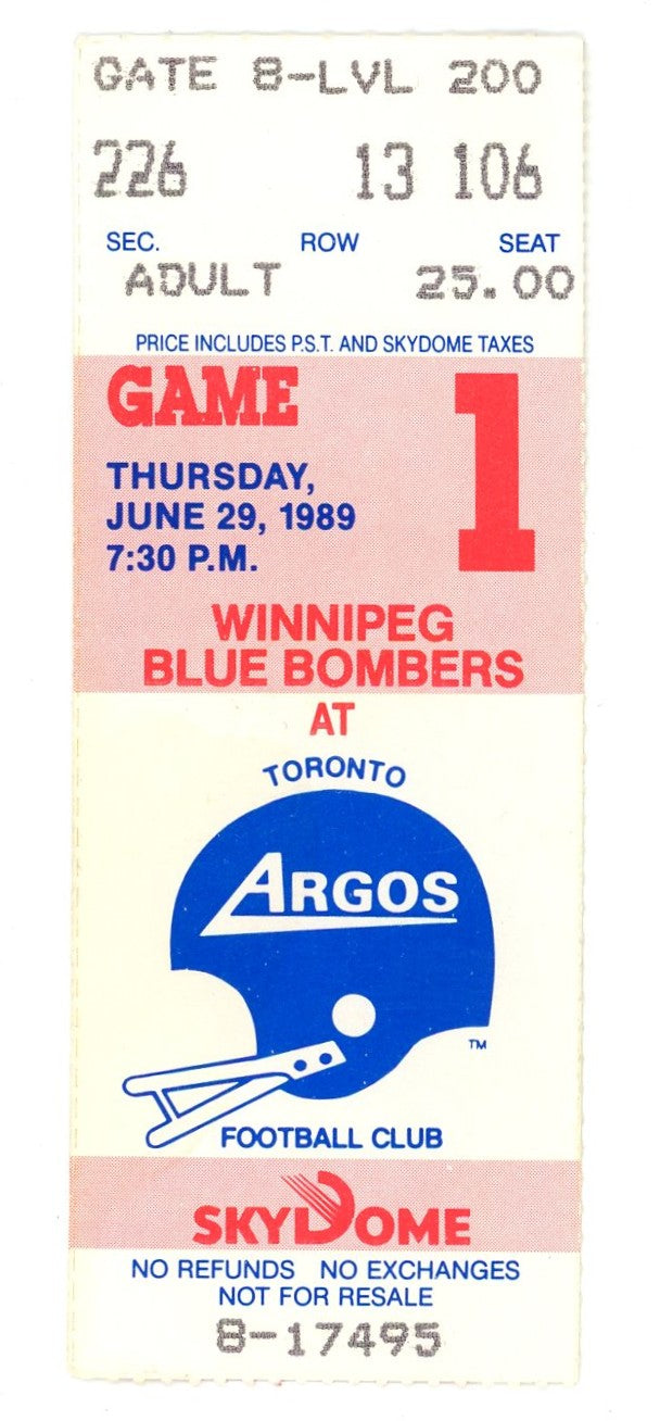 Winnipeg Blue Bombers vs. Argonauts Vintage Football Ticket Skydome (Toronto, 1989)