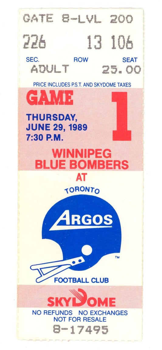 Winnipeg Blue Bombers vs. Argonauts Vintage Football Ticket Skydome (Toronto, 1989)