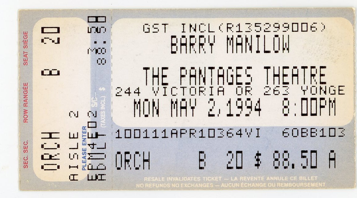 Barry Manilow Vintage Concert Ticket The Pantages Theatre (Toronto, 1994)