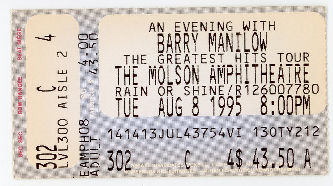 Barry Manilow Vintage Concert Ticket The Molson Amphitheatre (Toronto, 1995)