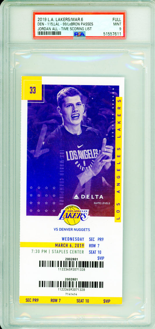 2019 L.A. Lakers vs. Denver Nuggets Graded Basketball Ticket PSA 9 LeBron Passes Jordan on All-Time Scoring List