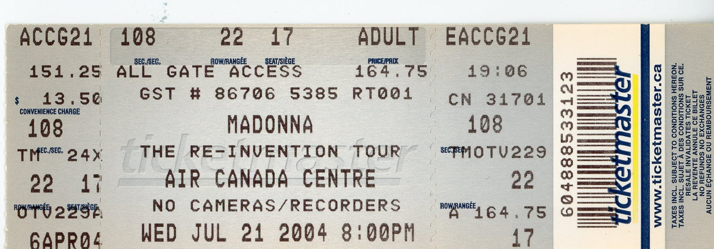 Madonna Vintage Concert Ticket Air Canada Centre (Toronto, 2004)