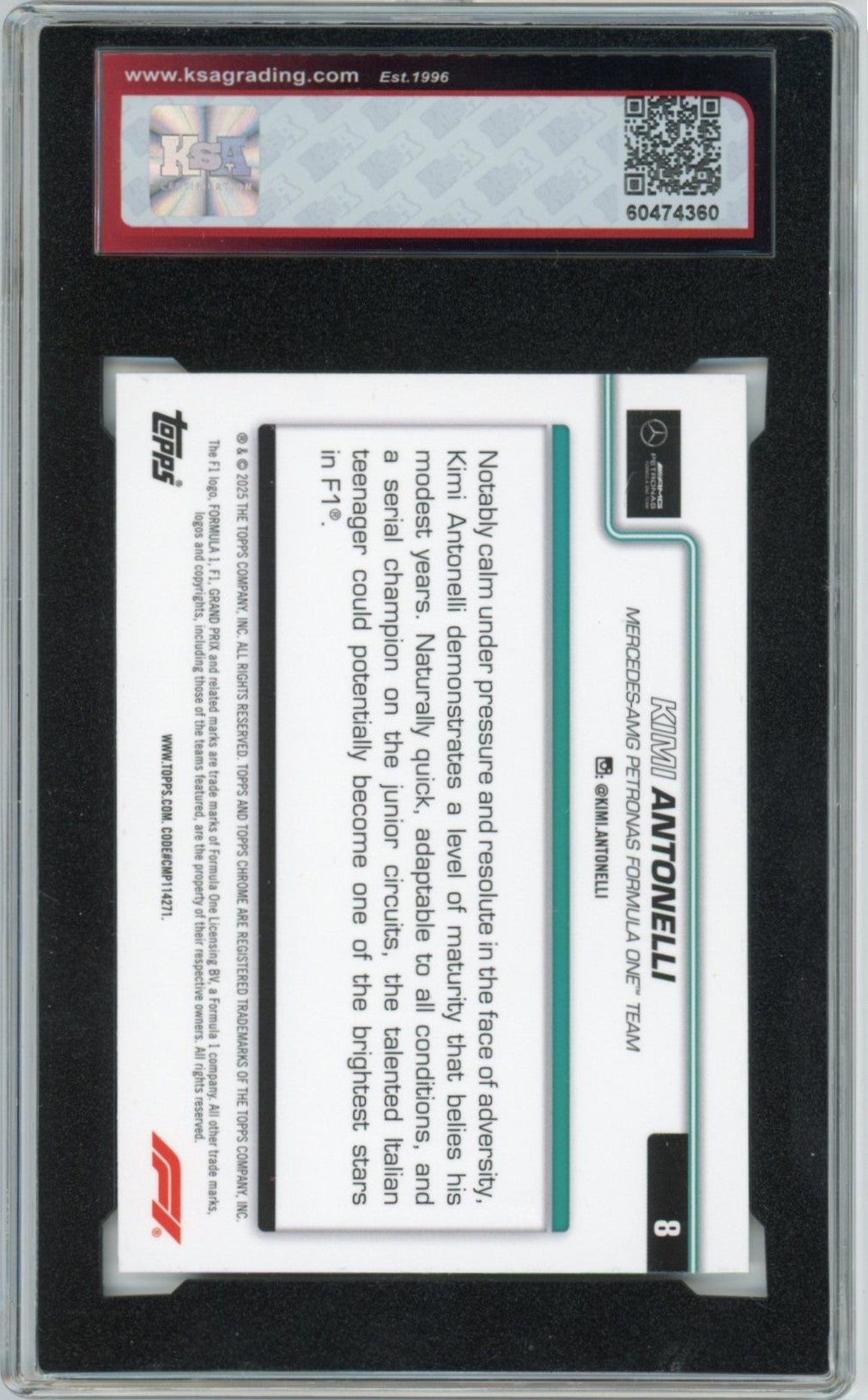 2025 Topps Chrome F1 Formula 1 Kimi Antonelli #8 Graded Rookie Card KSA 9.5