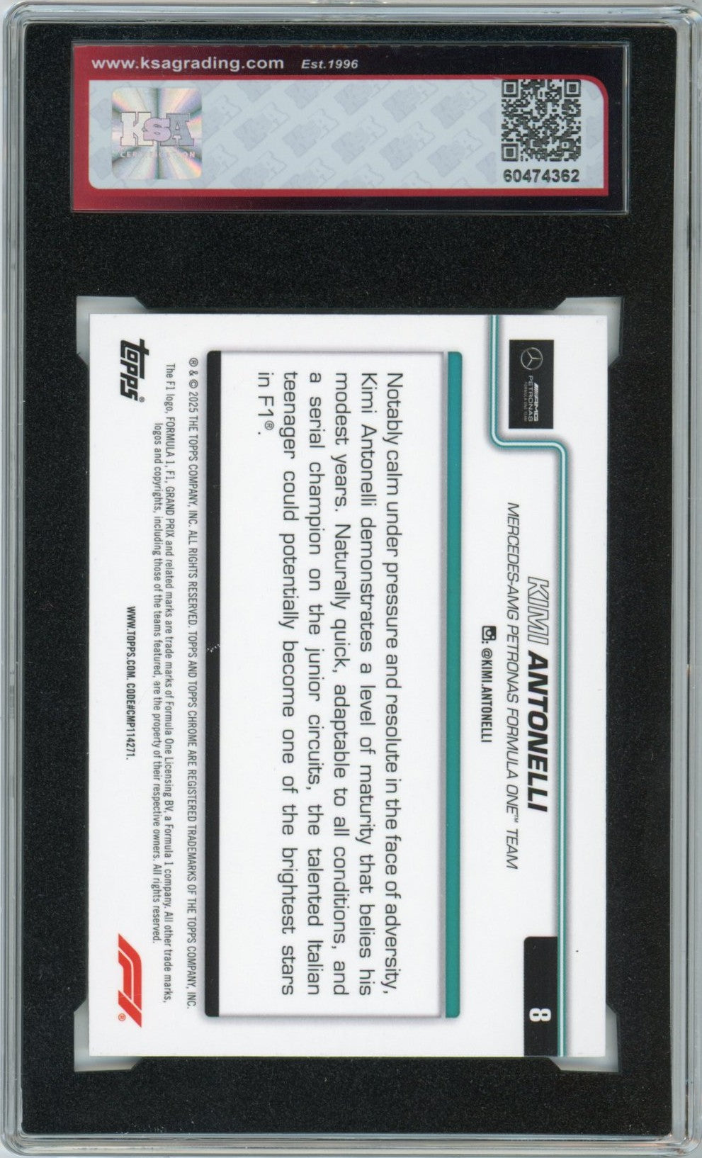 2025 Topps Chrome F1 Formula 1 #8 Kimi Antonelli Graded Rookie Card KSA 9.5