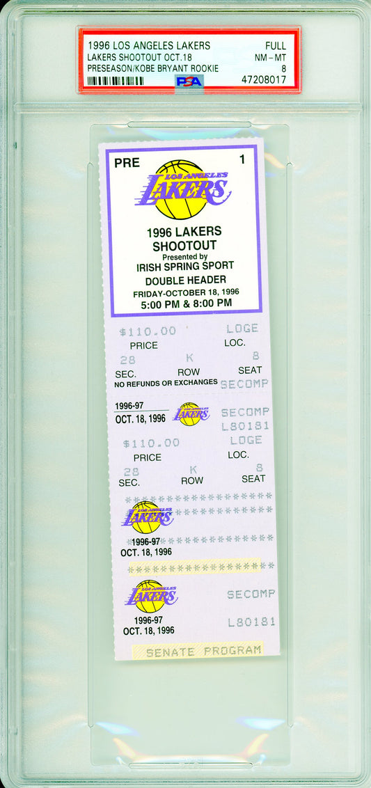 1996 L.A. Lakers Shootout Graded Basketball Ticket PSA 8 Preseason Kobe Bryant Rookie