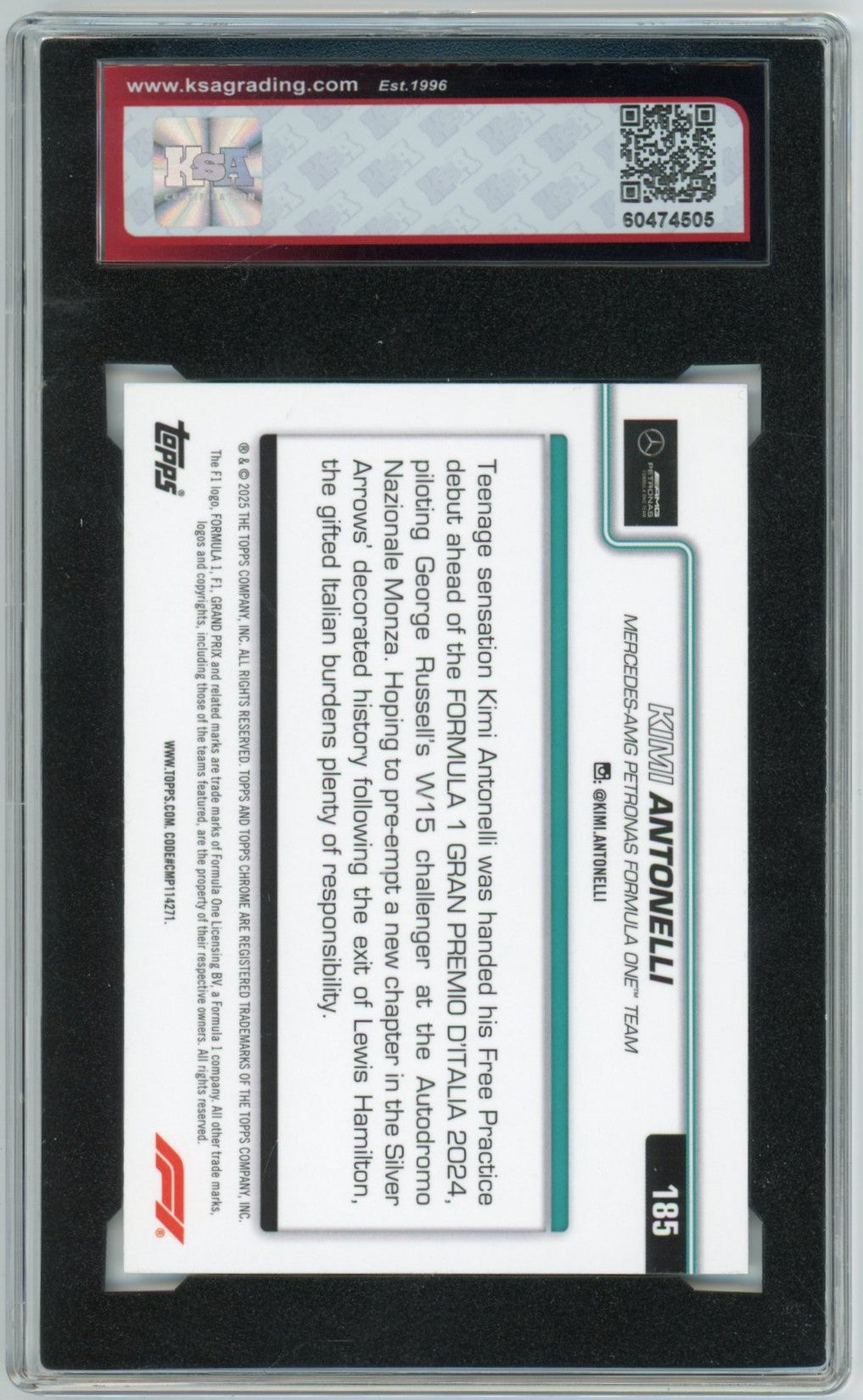2025 Topps Chrome F1 Formula 1 #185 Kimi Antonelli On the Move Graded Rookie Card KSA 9.5