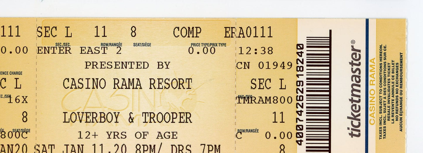 Loverboy & Trooper Concert Ticket Stub Casino Rama (Orillia, 2020)