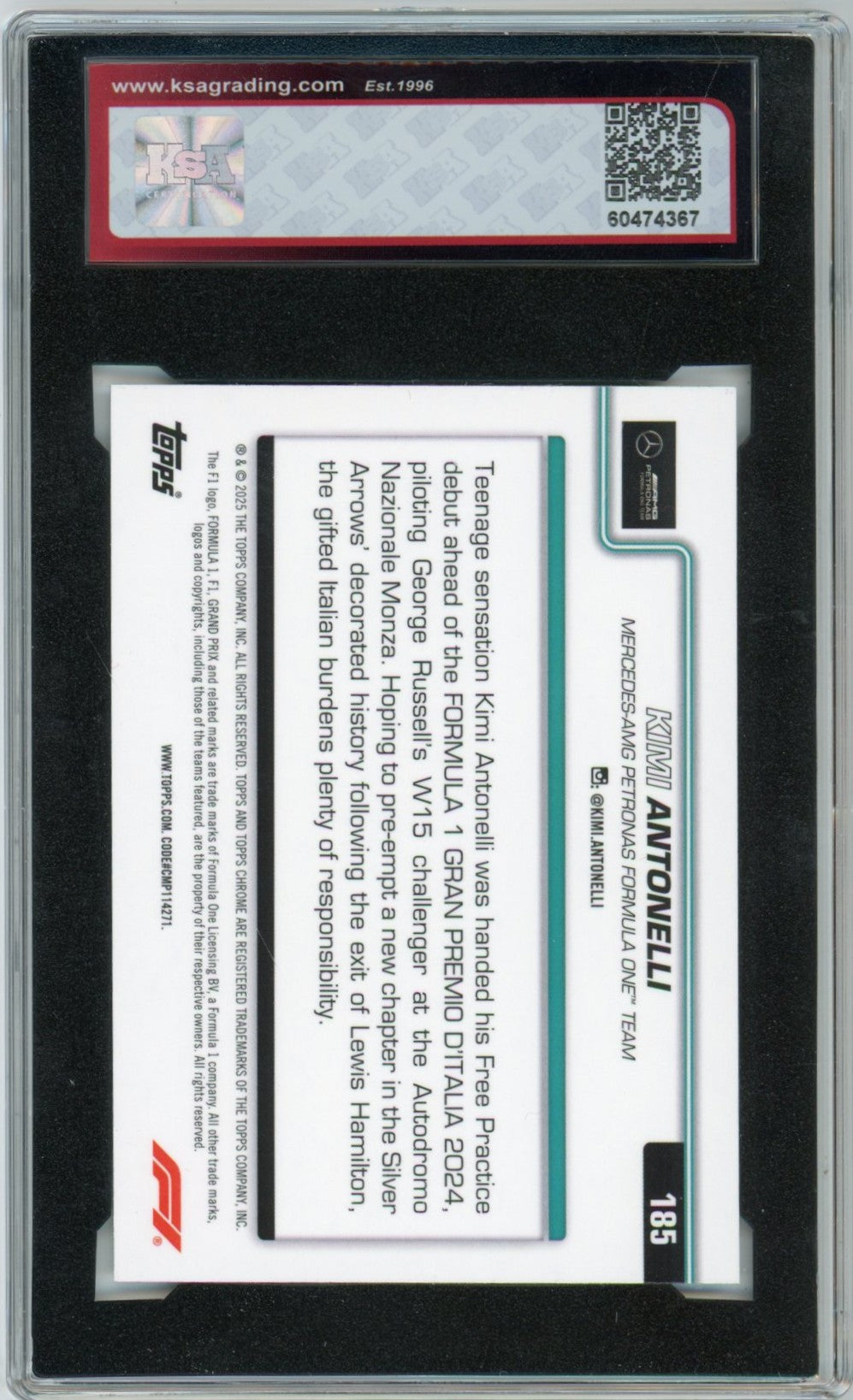 2025 Topps Chrome F1 Formula 1 Kimi Antonelli On the Move #185 Graded Rookie Card KSA 9.5