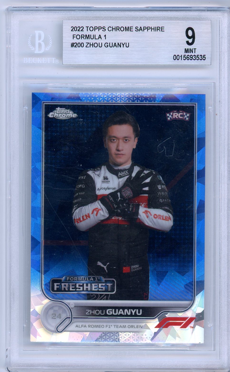 2022 Topps Chrome Sapphire Formula 1 Zhou Guanyu Graded Card #200 BGS 9