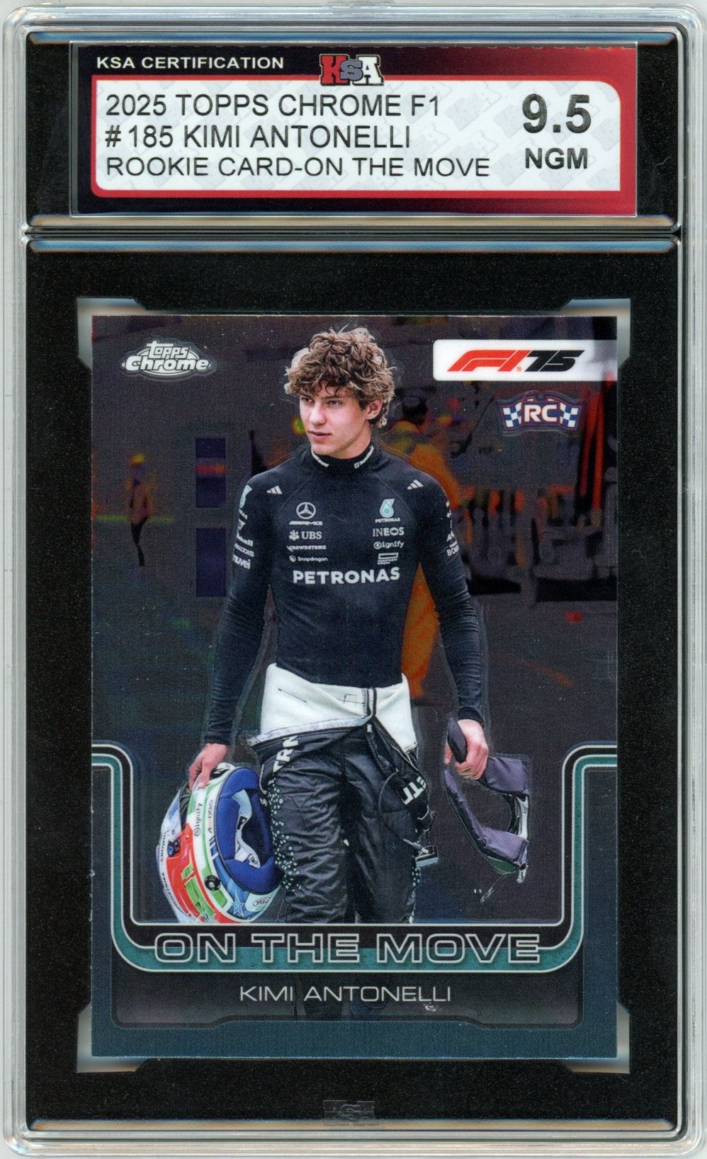 2025 Topps Chrome Formula 1 F1 Kimi Antonelli On the Move #185 Graded Rookie Card KSA 9.5