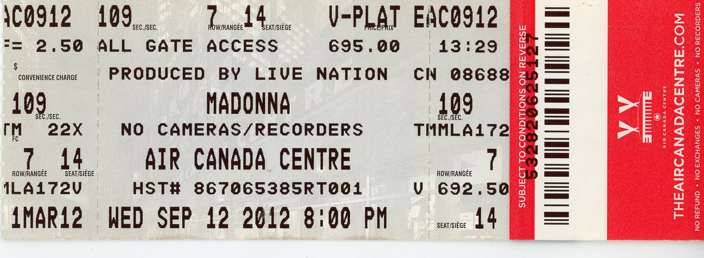 Madonna Vintage Concert Ticket Stub Air Canada Centre (Toronto, 2012)