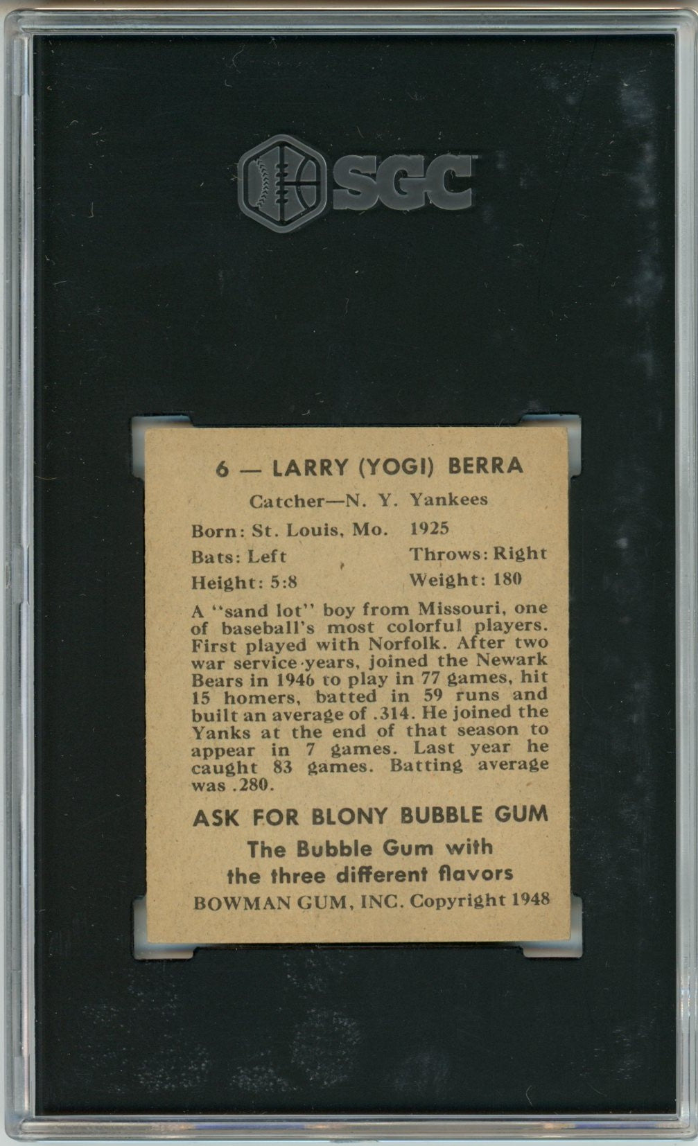 1948 Bowman Yogi Berra Graded Baseball Rookie Card #6 SGC 4 HOF